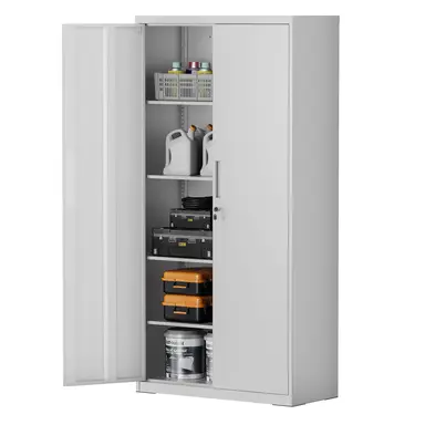 SONGMICSHOME Aktenschrank, Mehrzweckschrank, Aufbewahrungsschrank, 5 Ebenen, 40 x 80 x 180 cm, Doppeltüren, Schloss, verstellbare Ablagen, grau