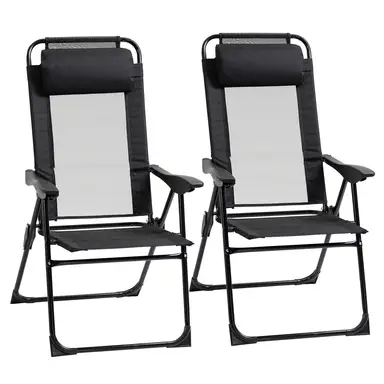 Outsunny Folding Garden Chairs Set of 2, 5-Position Recliner Camping Chair with High Back, All Weather Texteline Seat, Portable Outdoor Dining Chairs with Headrests for Patio, Picnic, Black