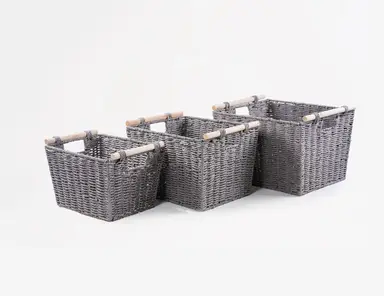 S/3 HAND WOVEN PAPER STORAGE BASKET WITH WOOD HANDLES  L:15.5x12.5x10" M:14x11x9" S:12.5x9.5x8"