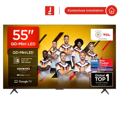 TCL 55Q6C QLED Mini LED Fernseher, 55 Zoll, 4K HDR Premium, Dolby Vision IQ & Atmos, Onkyo 2.1 Sound, Smart TV mit Google TV, Game master, 144Hz Motion Clarity Pro, AMD FreeSync Premium Pro, HDMI 2.1, AirPlay 2, Google Assistant & Alexa