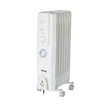 Warmlite 1500W 7 Fin Oil Filled Radiator, 3 Heat Settings, Adjustable Thermostat, 24 Hour Timer, Overheat & Tip Over Protection, Easy Glide Castors - White, WL43003YTW