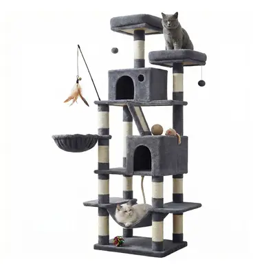 Arbre à chat avec 13 poteaux à griffer, 1 rampe, 2 perchoirs, 2 niches, panier, hamac, pompons, gris foncé - 168 cm