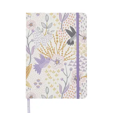 Jubiluu A5 Floral Fabric Hardcover Lined Notebook - 96 Sheets (100g offset paper), Bookmark & Elastic Band - Classic Cream Ruled Journal for Writing, School, Office, and Gifts-Lavender Flight