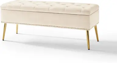 HULALA HOME Storage Bench, Storage Chest with Nailhead Trim, Velvet Bedside Bench, Bench with Gold Metal Legs for Hallway, Entryway, Living Room, Bedroom, Tan (Beige)