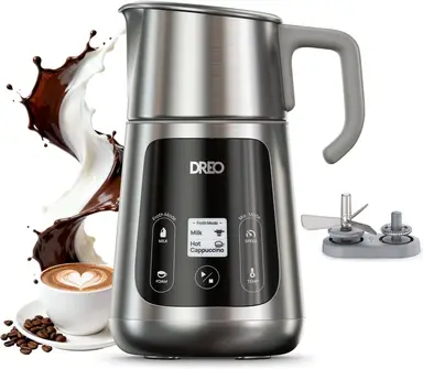 DREO Mousseur à lait électrique tout-en-un, mousse microfine pour latte art et café, chauffe-lait automatique 450 ml, 30 préréglages, compatible lave-vaisselle, pour laits végétaux et laitiers.
