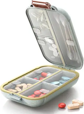 Portable Pill Organizer, Pill Box with 7 Compartments, Small Pill Case for Travel, Daily Medicine Pill Organizer with Air-Tight Lid, BPA-Free Material Pill Container (Green)