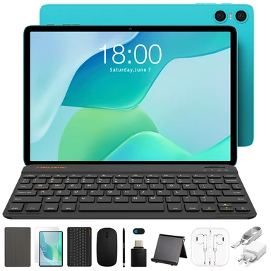 Teclast P33 Case Neues Tablet – Android 15, 10,1 Zoll IPS-Display mit 1280×800 Auflösung, Allwinner A333 Fünf-Kern-Prozessor, 9 GB* (3 GB + 6 GB virtuelle Erweiterung) RAM + 64 GB Speicher, WiFi-Verbindung, 6000 mAh Akku mit Type-C-Ladung, Dual-HD-Kameras (5 MP Rückkamera + 2 MP Frontkamera). Inklusive Schutzhülle, Bluetooth-Tastatur, Bluetooth-Maus, Tablet-Ständer, Ladegerät, Datenkabel, Eingabestift, Kopfhörer, OTG-Adapterkabel und Kameraschutzabdeckung.