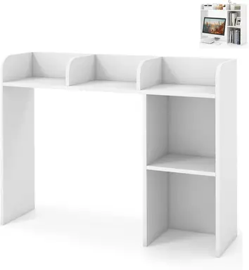 COSTWAY Wooden Desk Bookshelf with 4 Shelves and Open Back Compartment-White