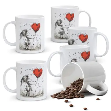 Alphynix 1pc Valentine's Day Gift Mug, 11oz Ceramic Cup with Girl Holding Red Heart Balloon, Romantic Gift for Her, Girlfriend, Wife, Anniversary