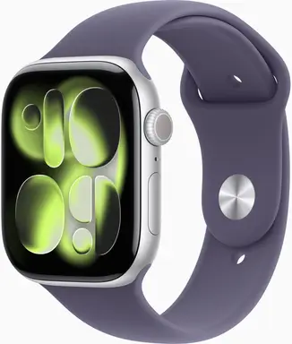 Apple Watch Series 11 GPS + mobiele connectiviteit 46 mm zilver aluminium kast met paarse mist sportband - M/L