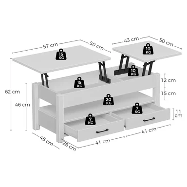 Rolanstar Two-way pneumatic lift double-drawer coffee table, white, 100 cm White 100 cm