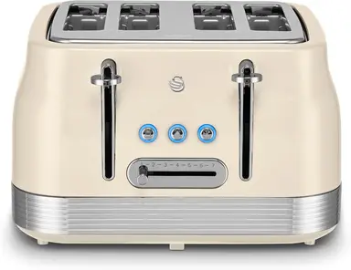 Swan Retro Revive 4 Slice Toaster, Vintage, Cord Storage, Variable Width Slots, 1860W, Coated Stainless Steel, Blue and Chrome Accents - ST19029C