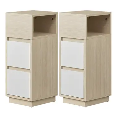 Ochama x SONGMICS Set of 2 Narrow Side Tables, Slim End Table with 2 Drawers, 1 Open Compartment, for Living Room, Bedroom, Natural Beige