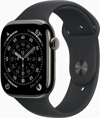 Apple Watch Series 11 GPS + mobiele netwerk 46 mm leigrijs titanium kast met zwarte sportband - M/L