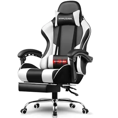GTPLAYER Gaming-Stuhl, Bürostuhl mit Massagefußstütze, Kopfstütze, ergonomischem Design, Kunstleder, Weiß, 51 x 52 x 135 cm