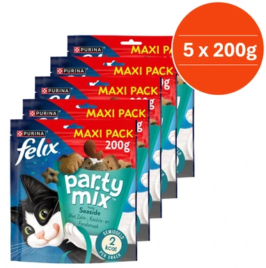 Felix Party Mix Seaside - Kattensnacks - Kattensnoepjes - Zalm Koolvis & Forel- 5 x 200 g