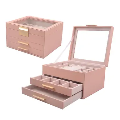 JORDAN&JUDY Multi-Layer Jewelry Box Small Earring Box Ring Storage Box Necklace Box Earring Jewelry Case - 3 Layer Pink