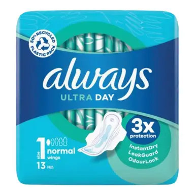Always Ultra Day Sanitary Towels Normal Wings Size 1 13 Pads