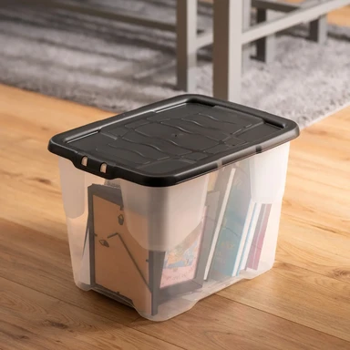 Strata 24L Curve Clear Plastic Strage Box with Black Lid 