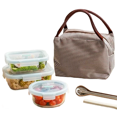 ochama x J.ZAO Hoge Borosilicaatglas Voedselcontainers - Magnetron- en Ovenbestendig, 1040 ml + 700 ml + 620 ml 1040 ml+700 ml+620 ml, Inclusief Geïsoleerde Tas en Bestek