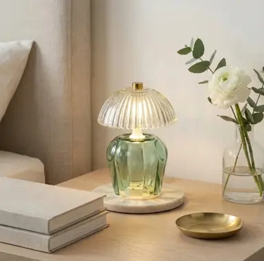 Candlelight Table Lamp Vintage Ridged Glass Shade LED Green H:14.6cm