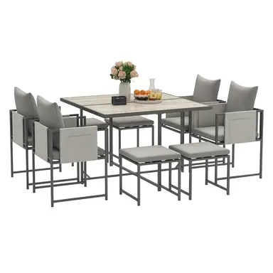 Outsunny 9 Piece Garden Dining Set, Cube Outdoor Garden Furniture Set with Cushions, 8 Seater Garden Table and Chairs with 4 Stools, Square Plastic Top Table, Side Pockets for Conservatory, Grey