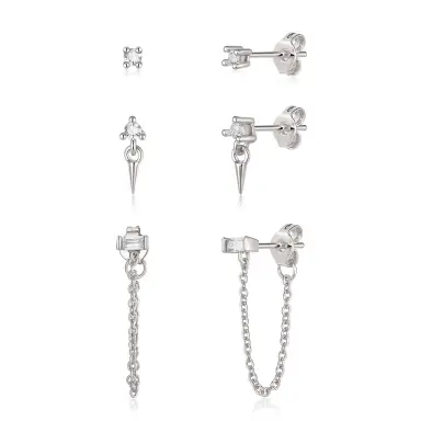 Ever Faith 3-Pair Stud and Chain Earrings Set