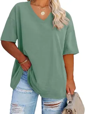 Women's Plus Size V Neck T Shirts Summer Half Sleeve Oversized Tees Casual Loose Fit Tunic Tops (green, XL)