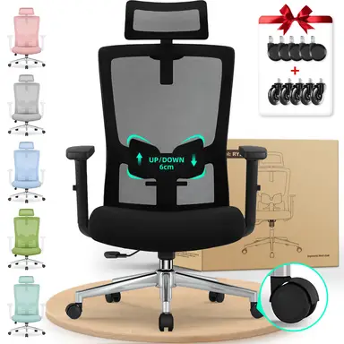 Ergonomischer Bürostuhl mit verstellbarer Lendenwirbelstütze, Armlehnen und Kopfstütze, Drehstuhl 150 kg, Wippfunktion bis 135°