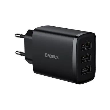Baseus USB-A Wandlader, 3-Poorts 17W USB Oplaadadapter EU-stekker – Slim, Veilig en Compact Opladen – Zwart, compatibel met iPhone, Samsung, Google Pixel