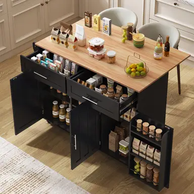 Küchenwagen mit klappbarer Arbeitsplatte, 2 Schubladen und Rollen, 120 × 46–71 × 91.5 cm, Weiß und Natur | Kücheninseln