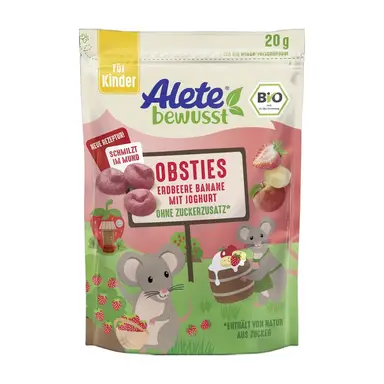 ALETE BEWUSST Obsties Erdbeere Banane mit Joghurt - Bio Gefriergetrockneter Frucht-Snack, Ohne Zuckerzusatz, 20 g