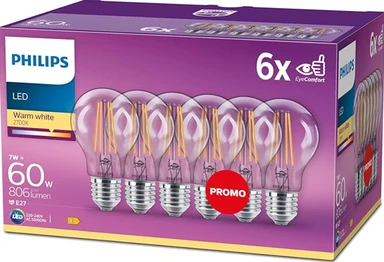Philips Light Bulb LED Globe Filament Screw E27 Warm White 60W Non-Dimmable 6pcs
