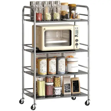 HOMCOM 4 Tier Stainless Steel Storage Trolley with Adjustable Shelves, Serving Trolley with Locking Wheels and Handles, Rolling Cart for Kitchen, Dining Room, Bathroom, Silver