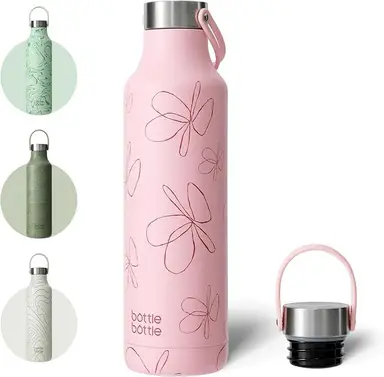 BOTTLE BOTTLE Gourde en acier inoxydable isotherme avec poignée - Rose, motif fleurs, 600ml