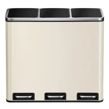 SONGMICSHOME Afvalbak met Drie Compartimenten, 3 x 18L Pedaalemmer voor Keukenafval, Softclose Deksel, Staal, voor Thuis, Beige