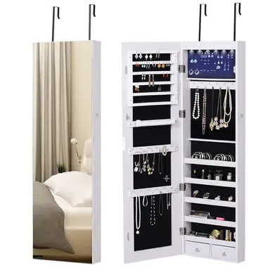 HOMCOM Jewelry Cabinet with Mirror and LED Lights, Lockable Makeup Cosmetics Jewellery Organiser, Mirror with Storage for Bedroom Dressing Room, White