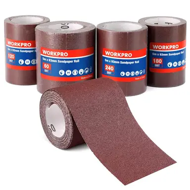 WORKPRO Sandpaper Rolls, 4 Sandpaper Rolls 93 mm x 5 m, Grit 60/120/180/240, for Hand Sanders, Orbital Sanders, Sandpaper for Wood, Metal, Paint