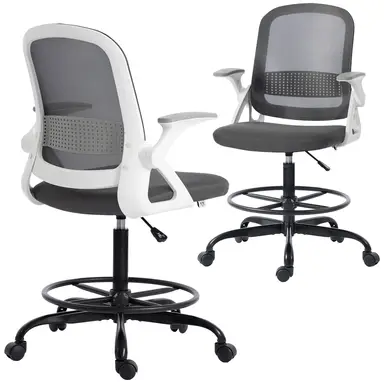 HOMCOM Draughtsman Chairs, Mesh Standing Desk Chair with Flip-up Armrests, Adjustable Height and Footrest, Lumbar Support, Rolling Wheels for Home Office, Grey