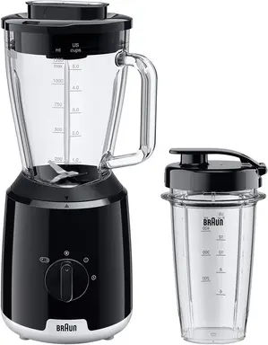 Braun Powerblend 1 Jug Blender, 600W, Black, 1.5L Triangular Glass Jug, Smoothie To Go Bottle, 2 Speeds, JB1051BK