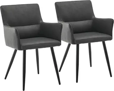 CLIPOP Dining Chairs Set of 2 Grey Faux Leather Padded Kitchen Accent Chair with Armrest and Metal Legs, Lounge Armchair for Living Room Bedroom or Office 0325GY 55*52*83 cm