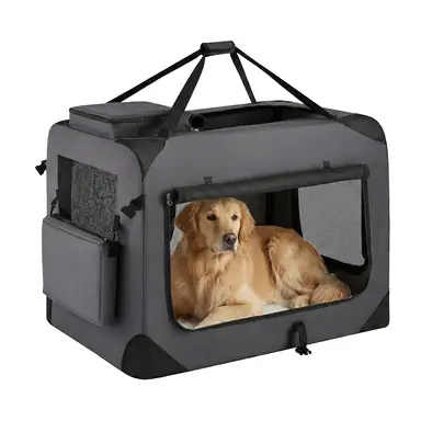 SONGMIC Faltbare Haustierrucksack-Tasche, tragbare Transporttasche für Katzen und Hunde, Haustier-Reisebeutel mit weichen Seitenwänden und atmungsaktivem Mesh-Gewebe, mit Tragegriffen und Aufbewahrungstaschen, 91 x 63 x 63 cm, Grau