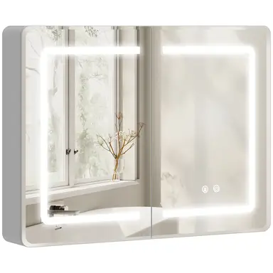 HOMCOM Bathroom Mirror Cabinet with LED Lights and Double-Sided Mirrors, 600 x 800 mm Aluminium Wall Mounted Bathroom Cabinet with Anti-Fog, 3 Colour Dimmable Lighting, Adjustable Shelves