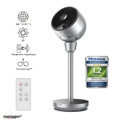 Monsga AC300 Ventilateur sur Pied, Air Circulator 3D, Oscillation 120°+90°, 5 Vitesses, 3 Modes, Silencieux 20dB, Télécommande, Minuterie 8H