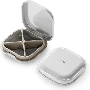 Small Pill Case, Travel Pill Organizer, Small Pill Box, Pill Container for Purse 4 Compartments, Daily Compact Travel Medicine Holder for Vitamins Medication (Grey)