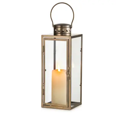 Large Lanterns Decorative Outdoor: 13.8 inches Tall Rustic Floor Metal Lantern with Glass - Vintage Gold Candle Holder for Wedding Christmas Fireplace Table Porch Door Garden