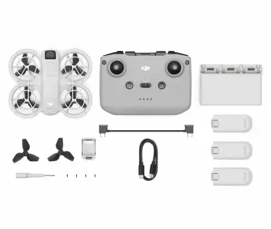 DJI Neo Fly More Combo, Minidrohne mit 4K UHD-Kamera für Erwachsene, 135g selbstfliegende Drohne die dir folgt, Handstart, Motivverfolgung, QuickShots, stabilisiertes Video, mit RC-N3 und 3 Akkus