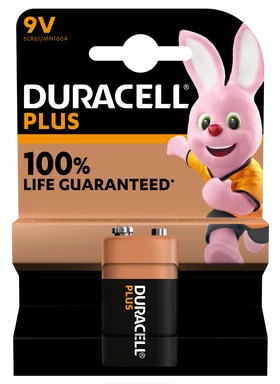 DURACELL 9V Plus Power Alkaline Battery +100% Life - 1 Pack