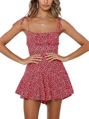 Women's Summer Dress Floral Sleeveless Beach Dress Vintage Mini Dress Coverall Playsuit (WatermelonRed, M)