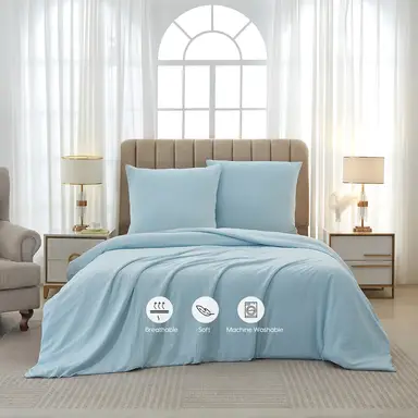 Meeallhome  Washed Brushed Duvet Cover Set 200*200cm/50*75cm*2  Lake blue